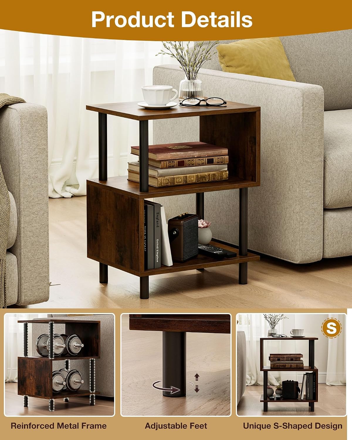 Frylr Small Side Table, End Table and Nightstand with 3-Tier Wood Shelves, Sturdy Metal Frame with 44 LBS Capacity per Shelf, Easy to Assemble for Living Room or Bedroom,Rustic Brown