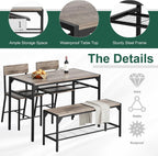 Shintenchi Kitchen Table Chairs Set of 4, Dining Table Set for 4 with Bench and Chairs, 4 Pieces Kitchen Table Set with Storage Rack & Metal Frame for Small Space, Gray