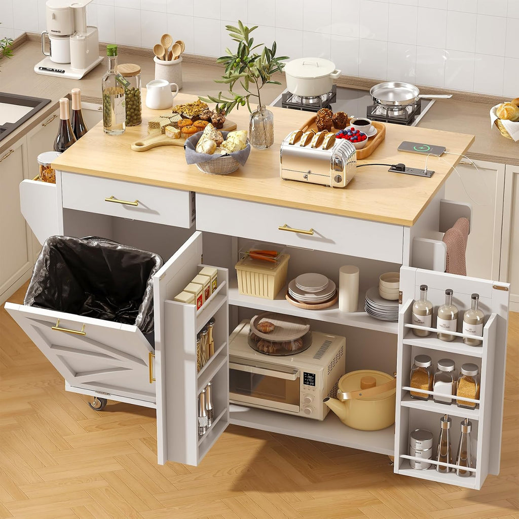 VVFLU 51.8" Kitchen Island Cart with Trash Can Storage, Kitchen Island on Wheels with Power Outlet & Drop Leaf, Rolling Kitchen Cart with Towel Rack & Spice Rack, Mobile Islands Table for Kitchen