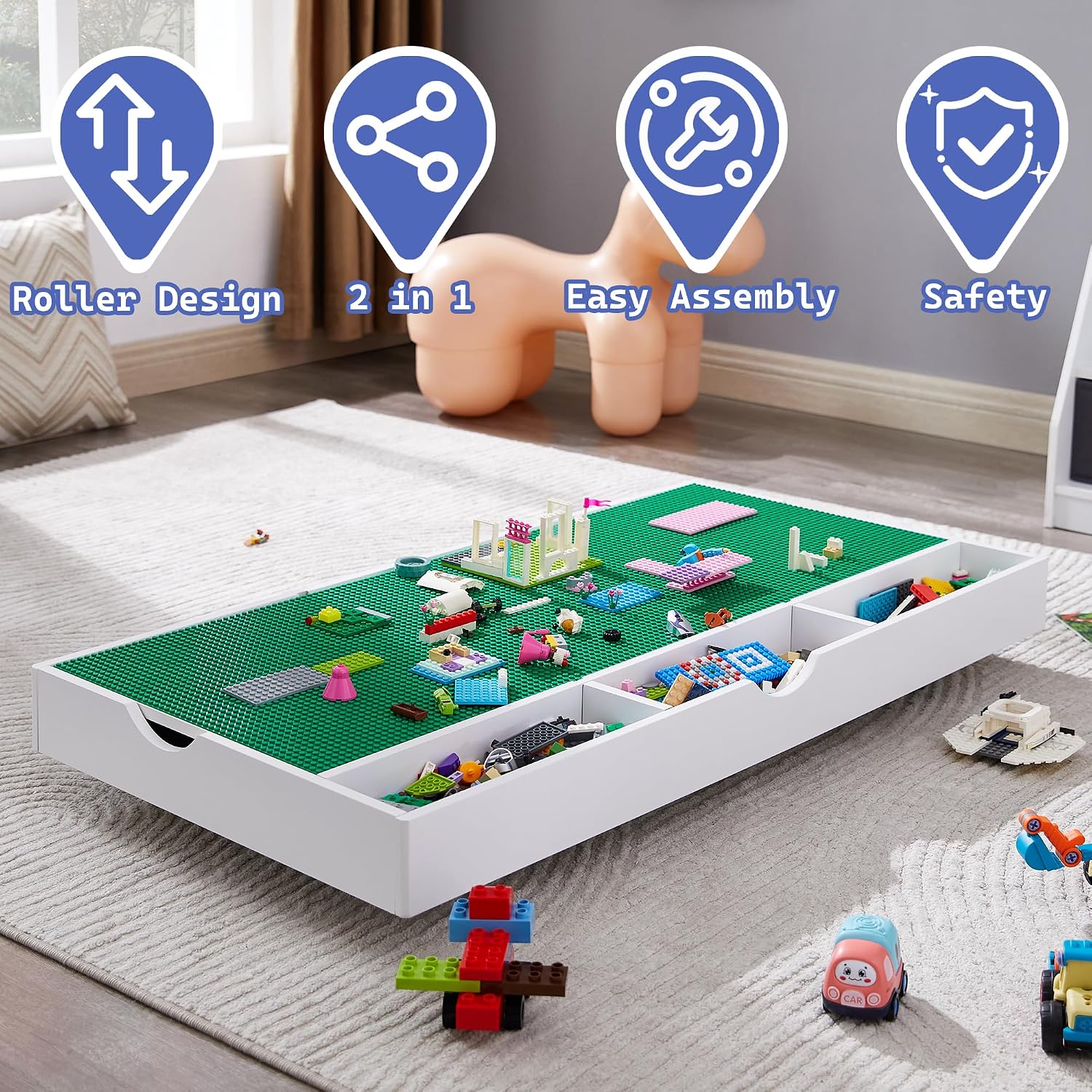 3 in 1 Construction Play Table Compatible with Lego, Game Table with Block Board and Train Car, Rolling Game Table with Locking Wheels and Storage Space, Suitable for Storing Under Bed or Sofa (White)