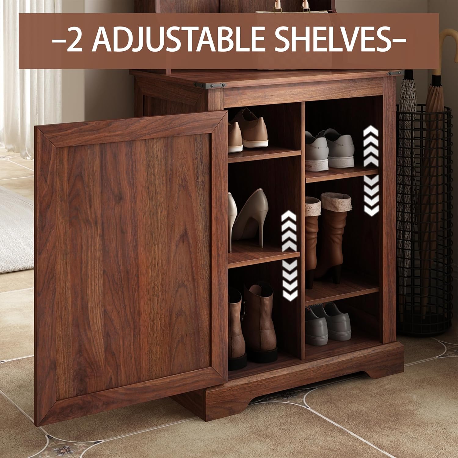 Maupvit Farmhouse Narrow Coat Rack with Shoe Storage, 6 Shoe Cubbies & 4 Coat Hooks, Hall Tree with Shoe Storage, Entryway Bench with Adjustable Shelves for Hallway, Living Room, Mudroom, Brown