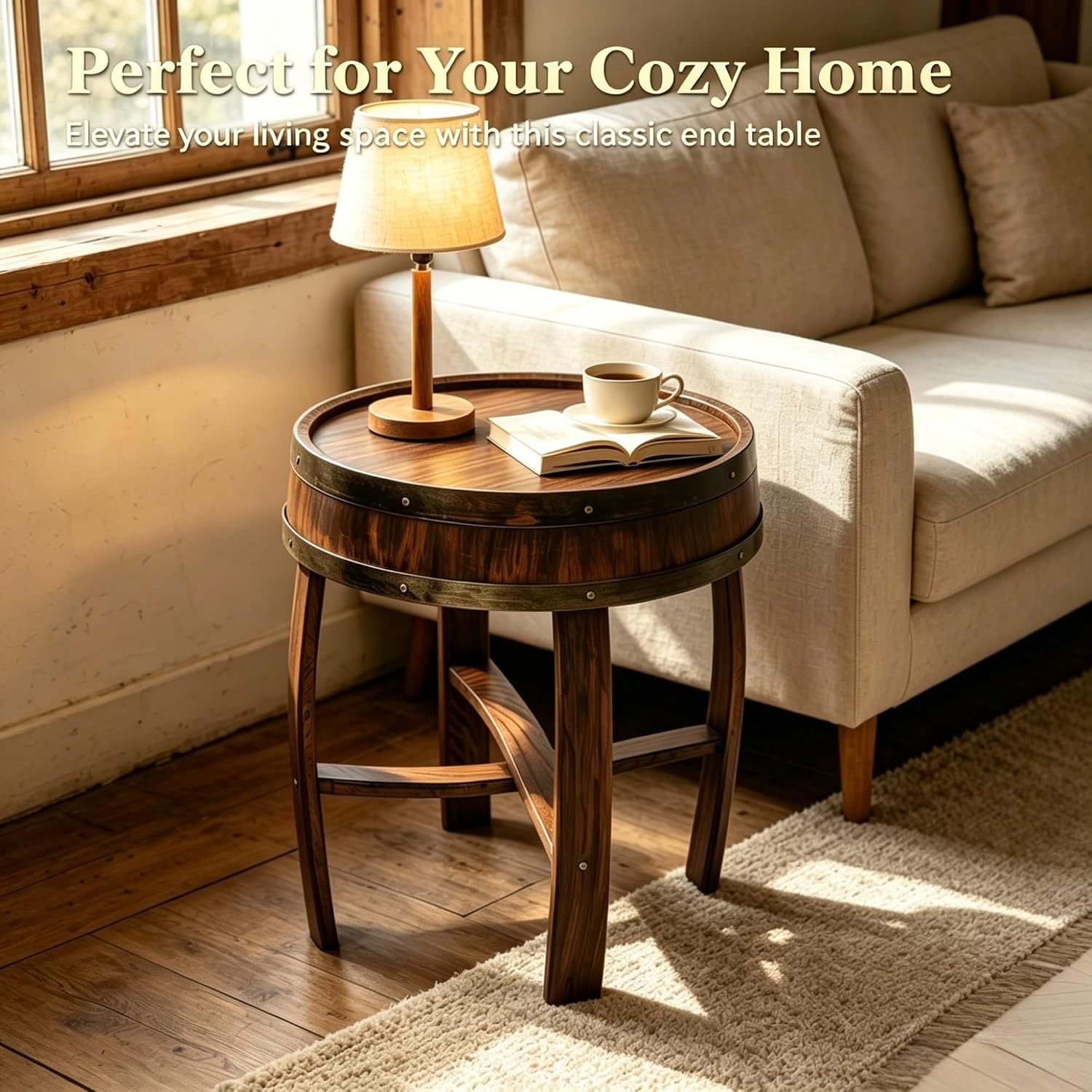 Rustic Round End Table, Whiskey Barrel End Table, Handcrafted Solid Farmhouse Side Table, 22.2" Dark Oak Accent Table for Living Room, Bedroom & Home Bar