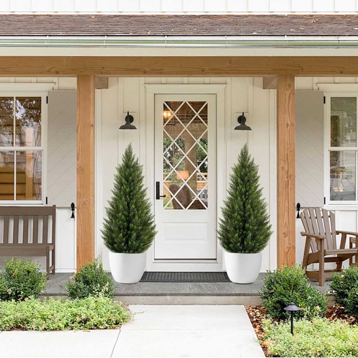 VIVATREES 3FT Artificial Topiary Cedar Trees, UV-Resistant Faux Evergreen Outdoor Plants, Artificial Pine Tree for Outdoor Front Porch Patio Entryway Decor, Set of 2