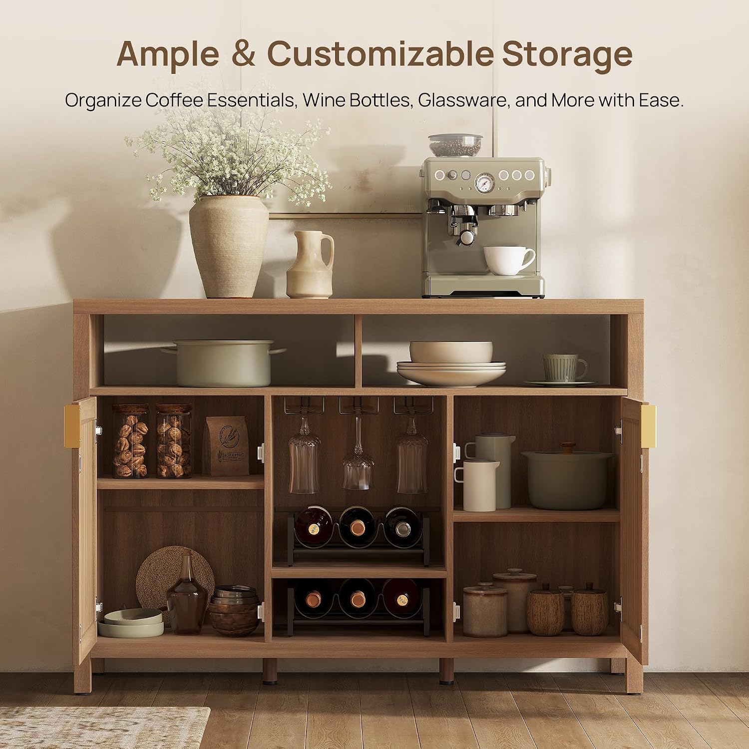SICOTAS 51" Coffee Bar Cabinet Bar Cart with Storage, Wine Bar Cabinets Boho Home Bar Table, Rattan Sideboard Buffet with 2 Doors, Coffee Station with Wine Racks for Living Dining Room Entryway