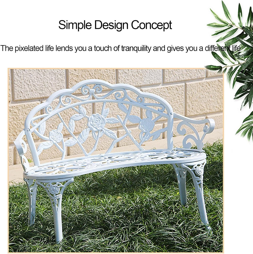 Patio Bench Double Seat, Cast Aluminum Outdoor Furniture with Floral Rose for Patio, Park, Lawn, Yard(C1)