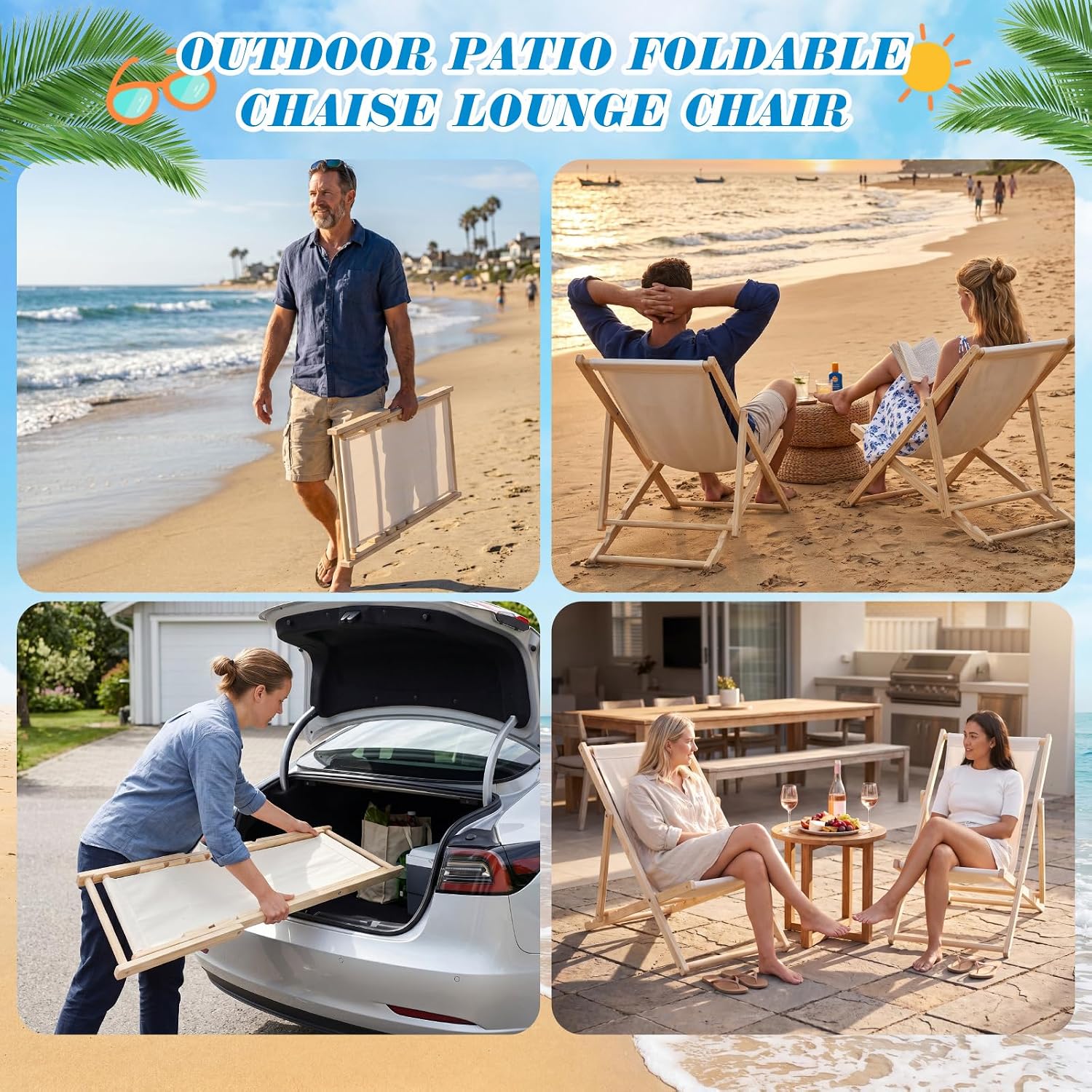 AceOrbit 2 Pcs Outdoor Folding Sling Chair - Solid Pine Wood Frame & Breathable Oxford Fabric - 3-Position Adjustable Portable Lounge Chair for Beach, Patio, and Backyard (Cream White)