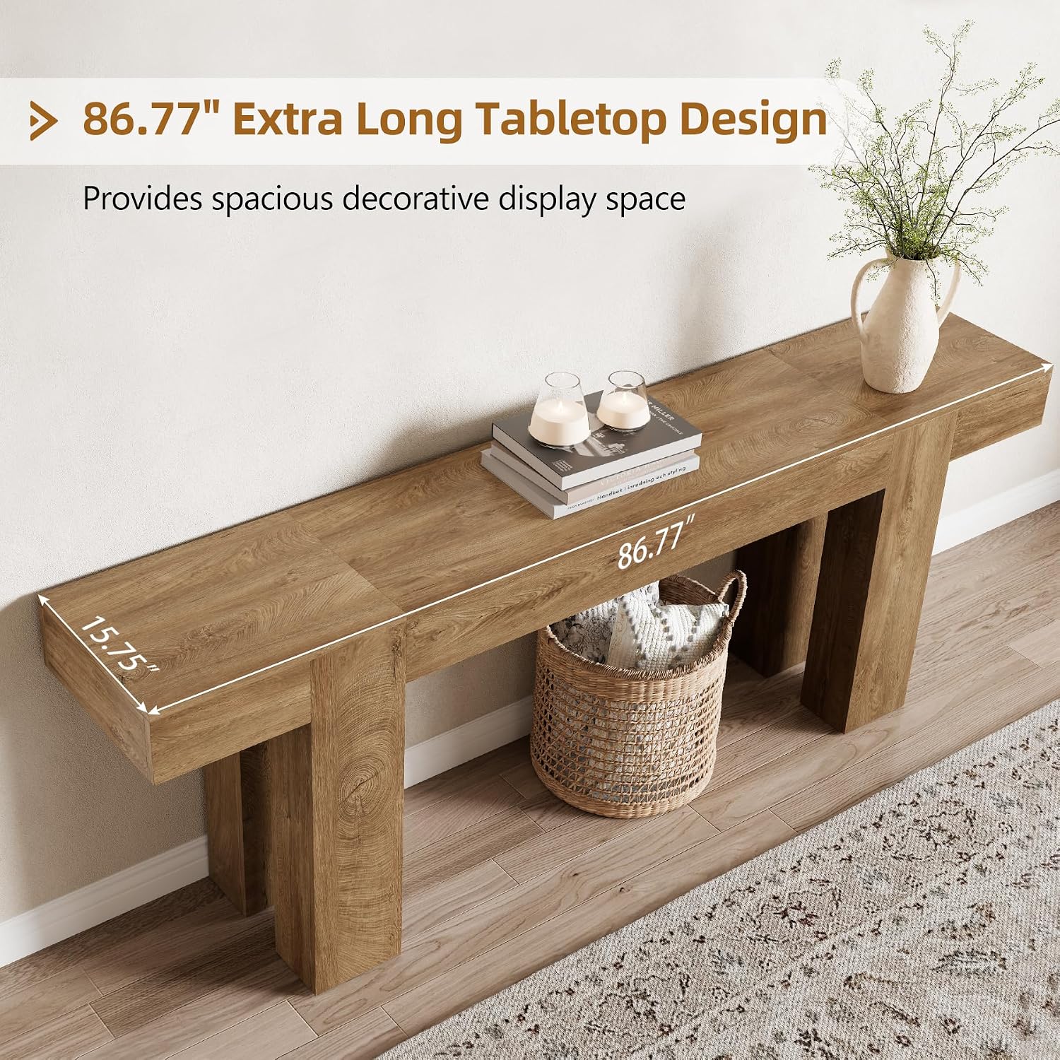 Epecoya 86.77-Inch Extra Long Console Table, Wood Entryway Table, Large Farmhouse Sofa Table Behind Couch for Living Room Hallway, Natural Oak Brown