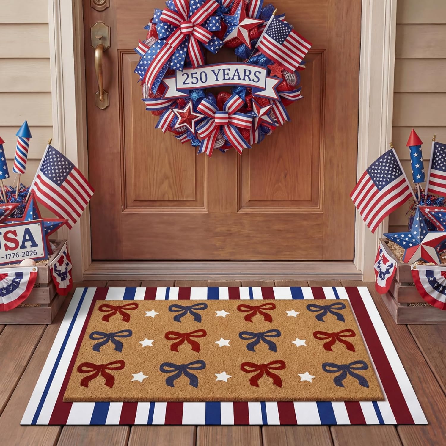 Tinideya 2 Pcs Independence Day Door Mat Patriotic Welcome Non Slip Coir Mats 4th of July Bow Star Floor Layering Doormats Seasonal for Front Porch Entryway Decor(Bow)
