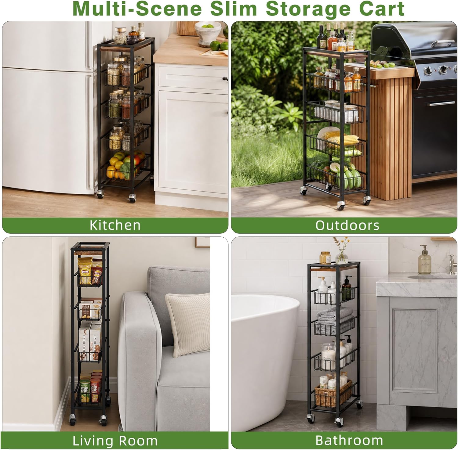 5-Tier Slim Rolling Cart Kitchen Utility Cart, Narrow Kitchen Cabinet with 4 Pull-Out Baskets - Versatile Rolling Storage Cart for Spices, Pantry & Bathroom Organization