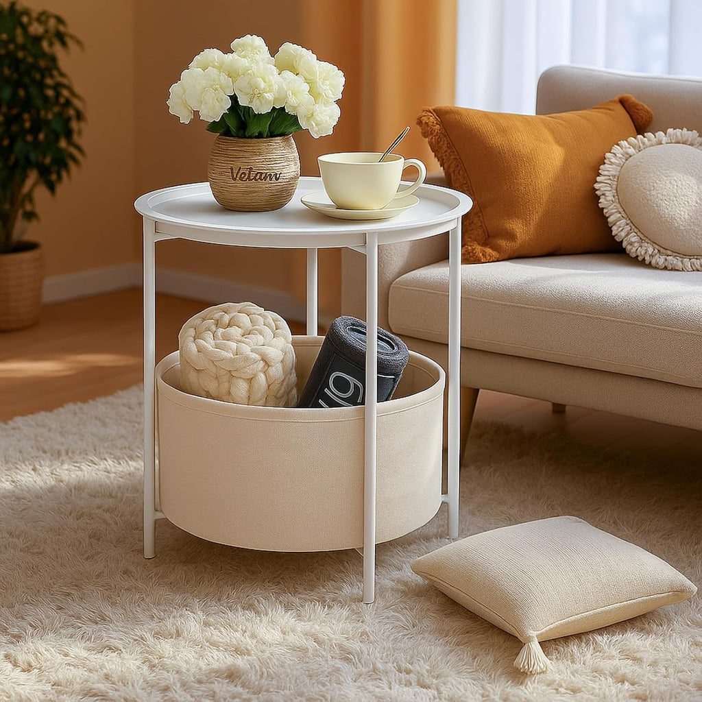 ShellKingdom End Table, Small Round Side Table with Fabric Basket, Metal Night Stand with Removable Tray for Living Room, Bedroom, Nursery, Laundry (White)