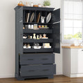 Farmhouse Freestanding Kitchen Pantry, 72.6''H Tall Wooden Kitchen Storage Cabinet with 2 Doors, Pull-out Trays, 2 Drawers and Cake Pan Storage Organizer for Dining Room Living Room (Grey-1.12)