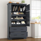 Farmhouse Freestanding Kitchen Pantry,4 Doors Dining Storage Cabinet with Pull-Out Trays, Drawers and Cake Pan Storage Organizer,for Dining Room Living Room (Grey-h)