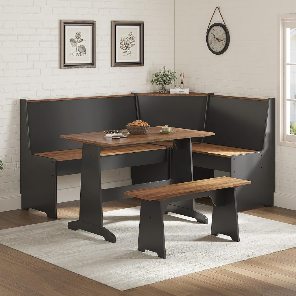 LUXOAK 3-Piece Corner Dining Set with Hidden Storage, Black Oak | Breakfast Nook, L-Shaped Corner Bench, Hidden Storage, Space Saving Design for Small Space, Kitchen Dining Room Furniture