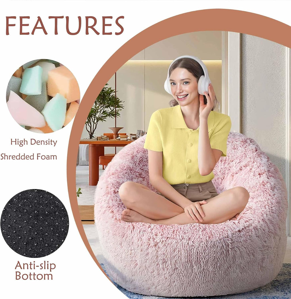 Plush Faux Fur Bean Bag Chairs, Memory Foam Filled Sofa Chair Shape Bean Bag for Adults/Teens/Kids, Ultra-Soft Lazy Sofa for Living Room Bedroom College Dorm, Pink