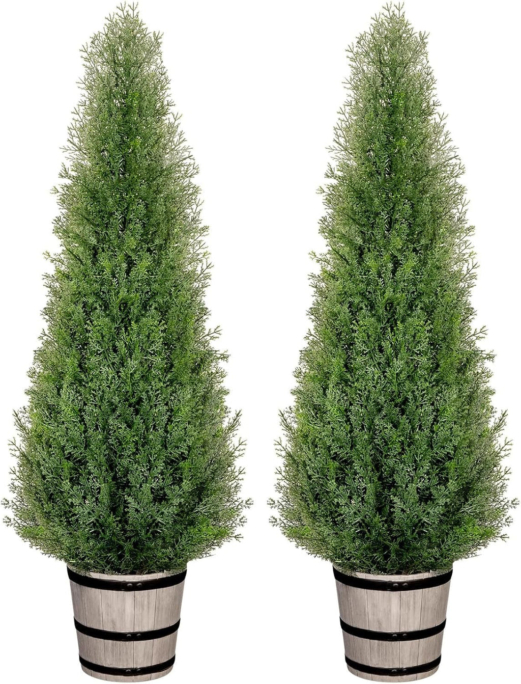 Artificial Cedar Trees 4FT Faux Cedar Topiary Evergreen Plants Outdoor Indoor Fake Cypress Pine Trees with Barrel Planter for Front Porch Entryway Patio Garden Home Decor Set of 2