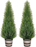 Artificial Cedar Trees 4FT Faux Cedar Topiary Evergreen Plants Outdoor Indoor Fake Cypress Pine Trees with Barrel Planter for Front Porch Entryway Patio Garden Home Decor Set of 2