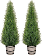 Artificial Cedar Trees 4FT Faux Cedar Topiary Evergreen Plants Outdoor Indoor Fake Cypress Pine Trees with Barrel Planter for Front Porch Entryway Patio Garden Home Decor Set of 2