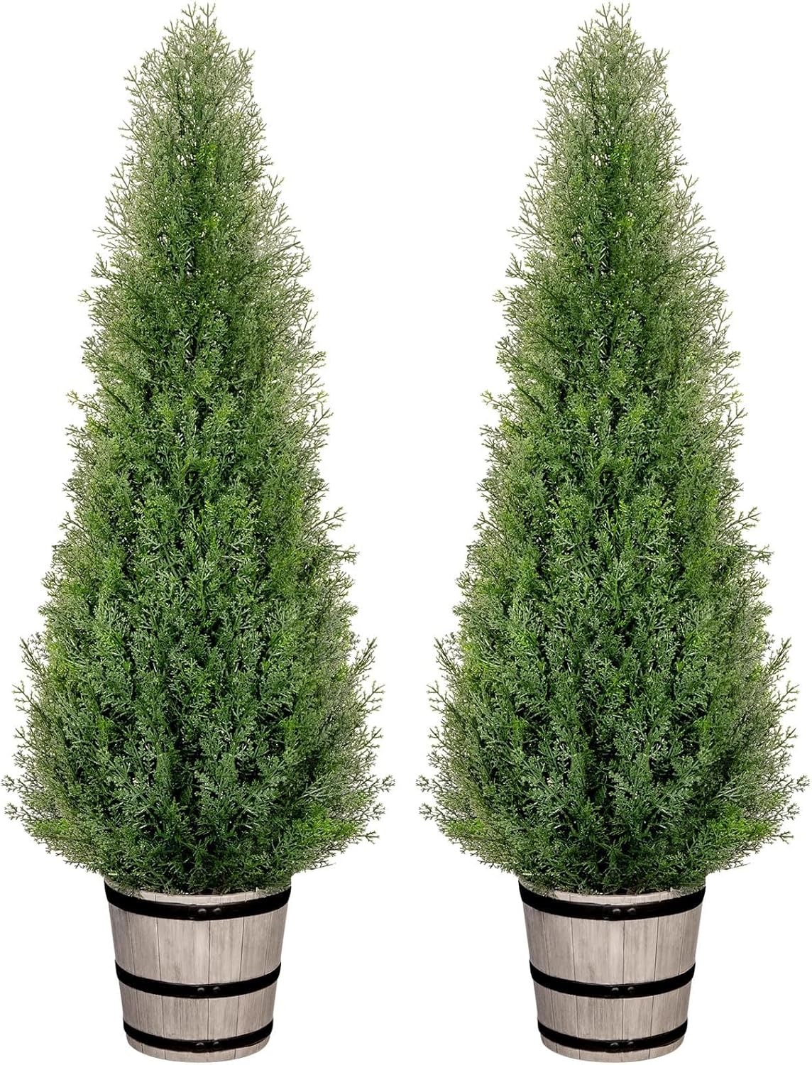 Artificial Cedar Trees 4FT Faux Cedar Topiary Evergreen Plants Outdoor Indoor Fake Cypress Pine Trees with Barrel Planter for Front Porch Entryway Patio Garden Home Decor Set of 2