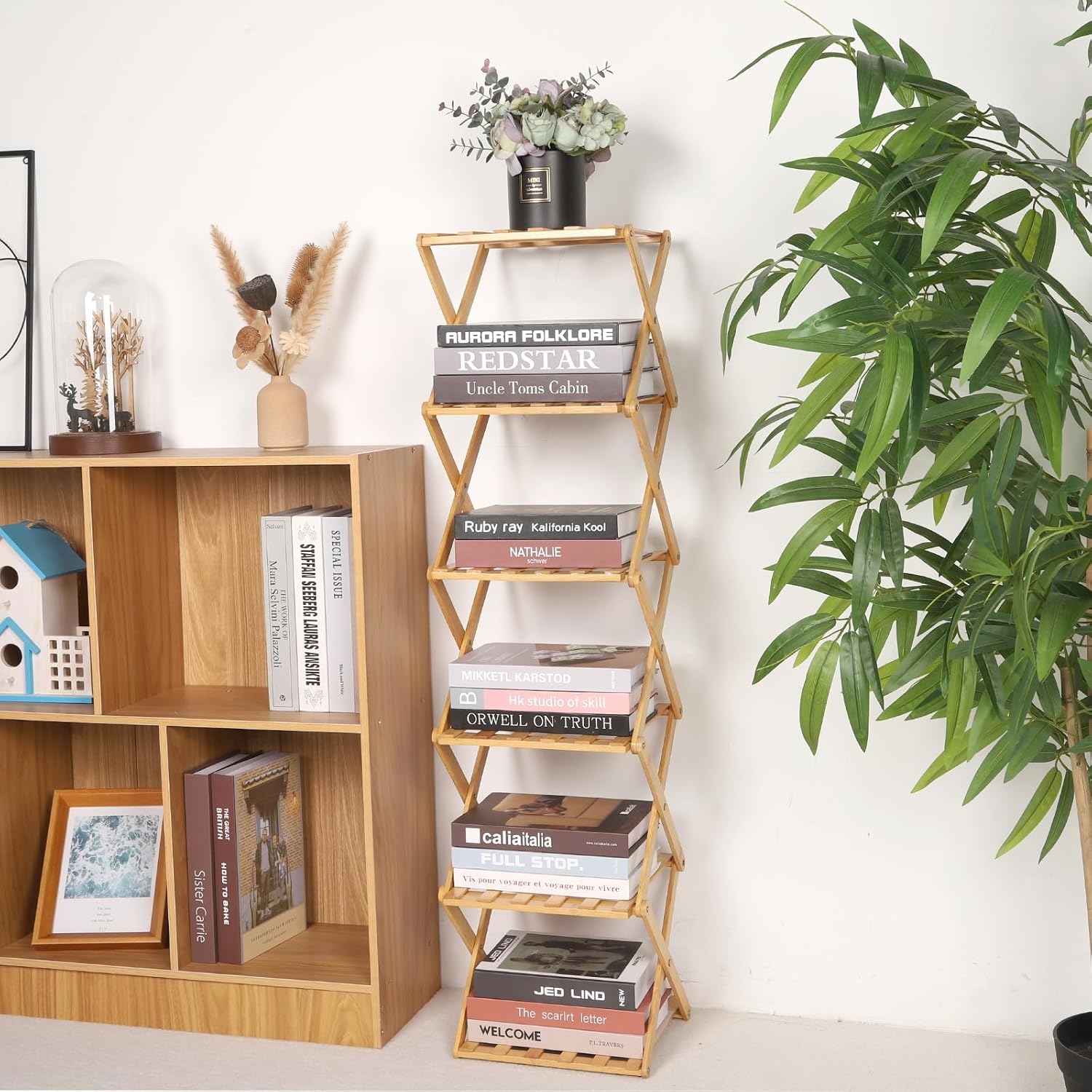 Bamboo Shoe Rack 6 Tier Foldable Shoe Rack Narrow Vertical Shoe Organizer Free Standing Shelf, Multifunctional Slim Storage for Entryway, Corner, Bedroom, Hallway, Wood Color