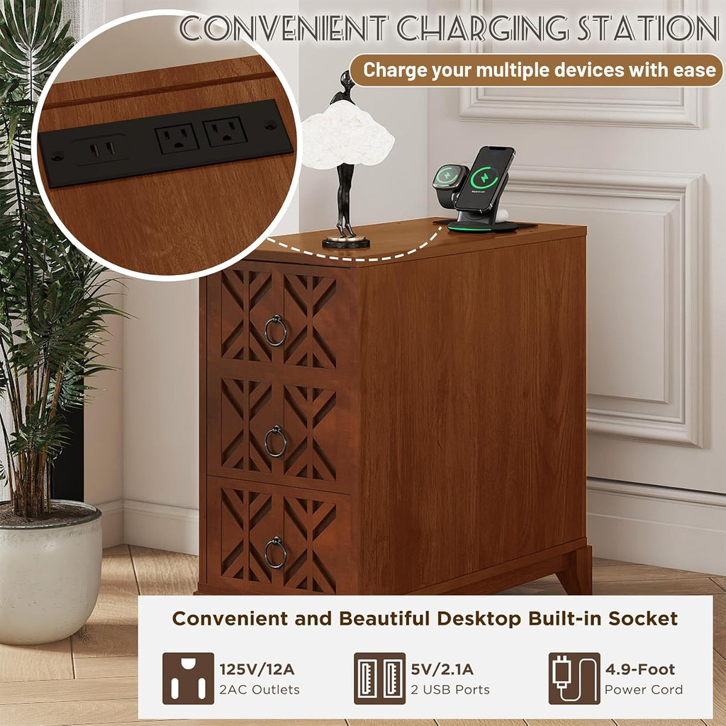 Wood Tall Nightstand with Charging Station, 70.9" Tall End Table with 3 Storage Drawers and 4 Open Shelves, Narrow Slim Sofa Side Table for Small Spaces, Living Room, Bedroom,Corner, Walnut