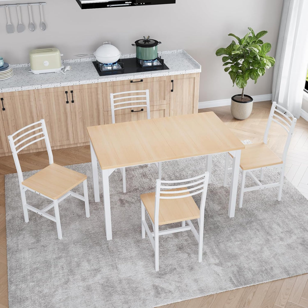 VOWNER 63” Extendable Dining Table Set for 4-6 People, 5-Piece Dining Table Set for 4 People with 4 Chairs, Kitchen Table Set with MDF Board and Metal Frame, for Small Space, Apartment, Nature Wood