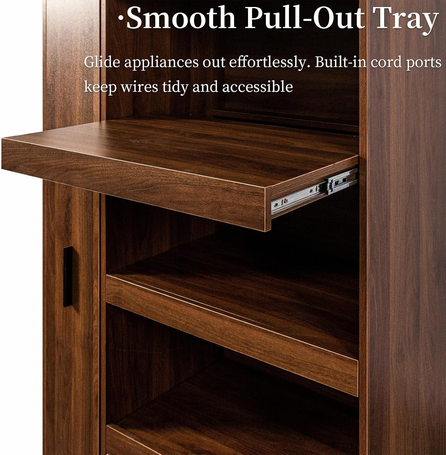 Tall Kitchen Hutch Cabinet with Pull-out Shelves & Drawer Freestanding Pantry Cabinet Large with Cable Management Glass Door Cupboard for Kitchen, Dining Room with Microwave Countertop Walnut Finish