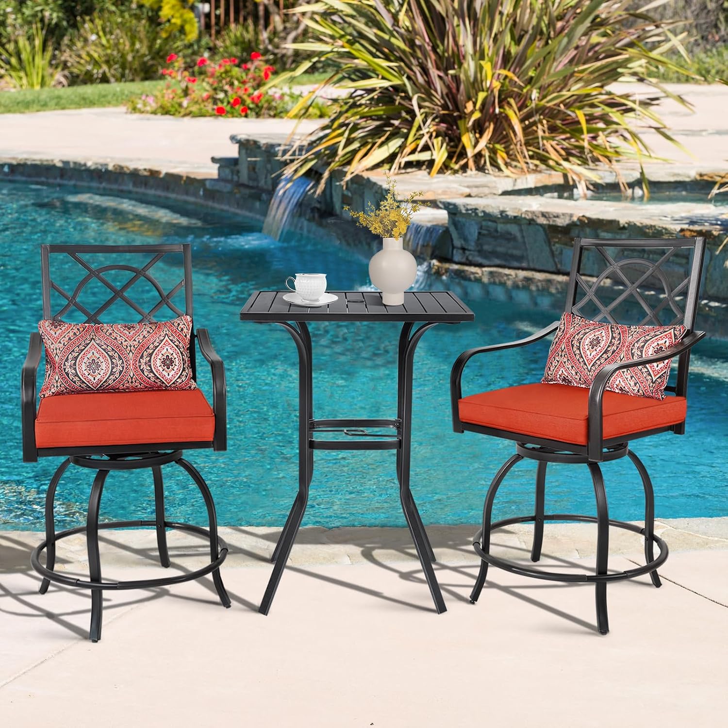 Patio Bar Table, Outdoor Bar Height Bistro Table with Umbrella Hole, Metal Frame and Slat Design (Black)