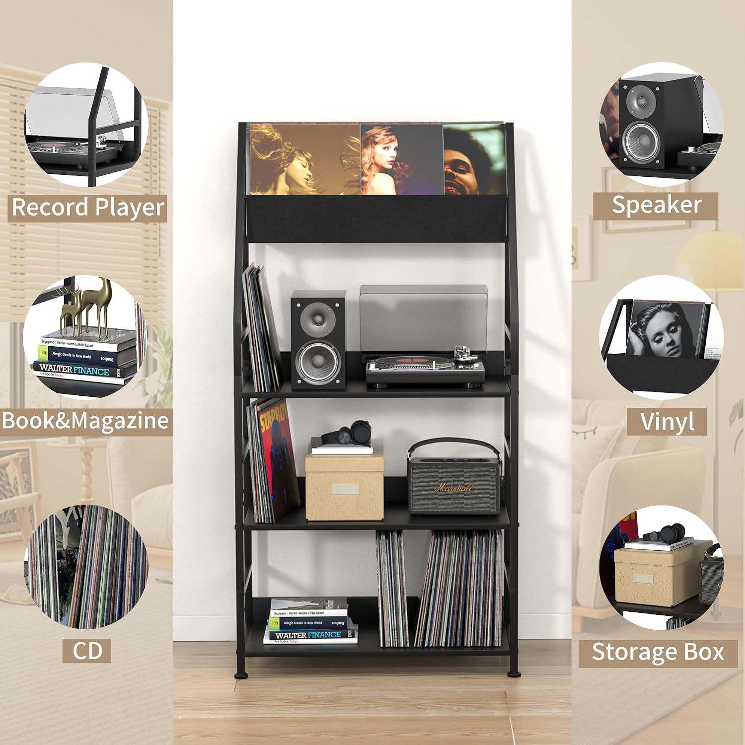 Record Player Stand Shelf for Vinyls Storage, 3 Tier Display Shelf Holds up to 400 Albums, Large Record Holder Console Table Cabinet for Living Room, Black