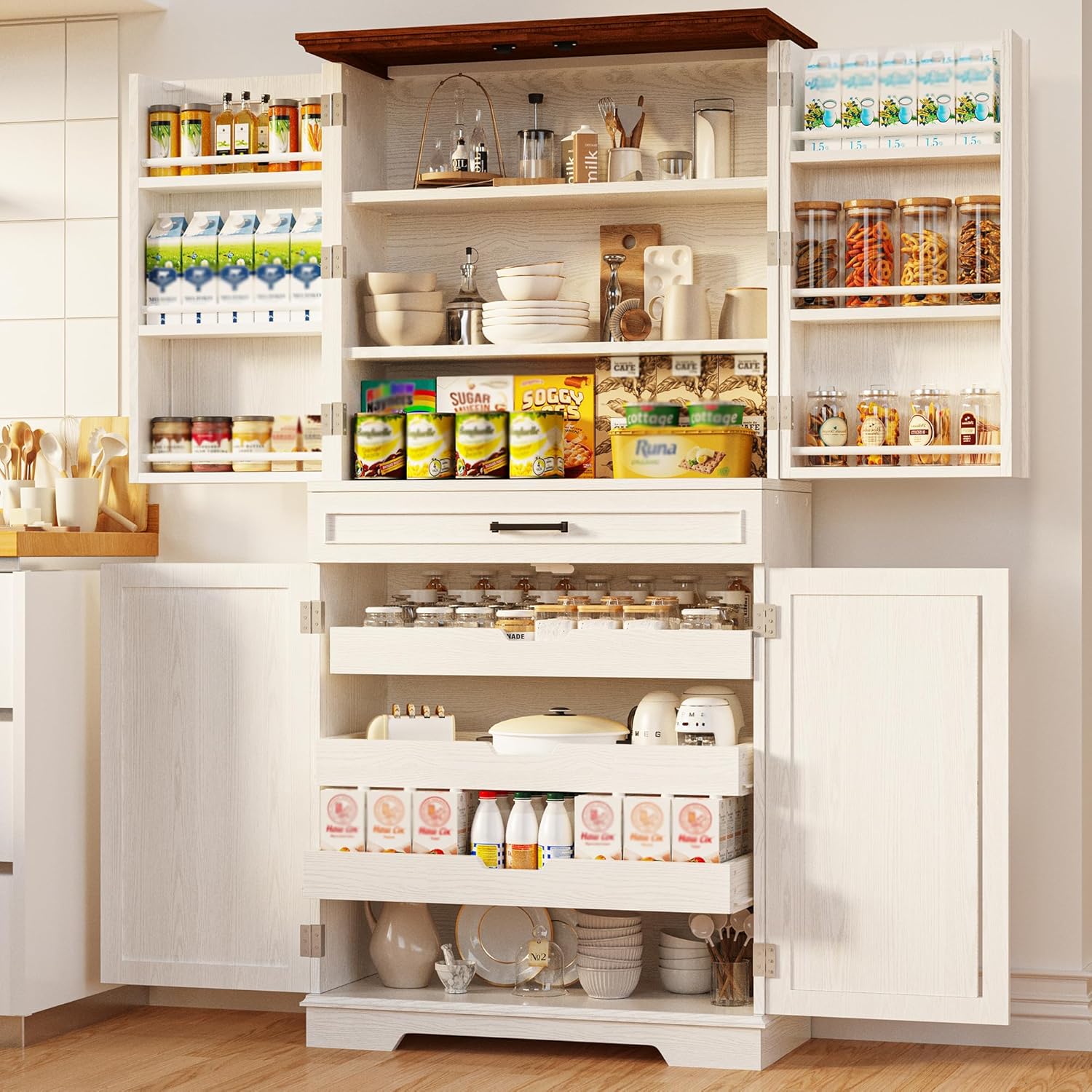IRONCK Farmhouse Pantry Cabinet, 72" Tall Kitchen Storage Cabinet, Freestanding Cupboard with Sliding Rack & 6 Hanging Shelves,Kitchen Pantry Furniture for Dining Room, Easy Assembly, White