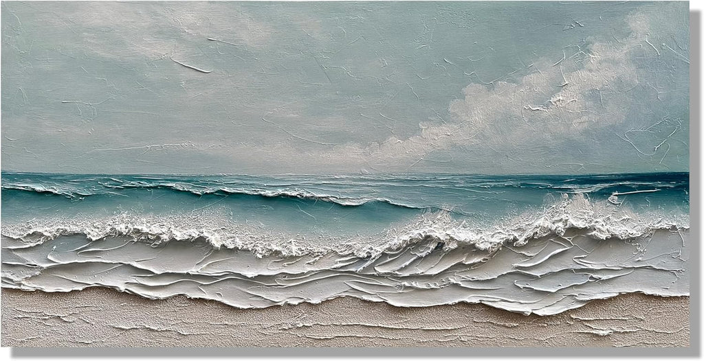 Diathou Art Hand-painted oil painting of ocean waves and sandy beach scenery, modern abstract blue landscape art, decorative wall painting for home office