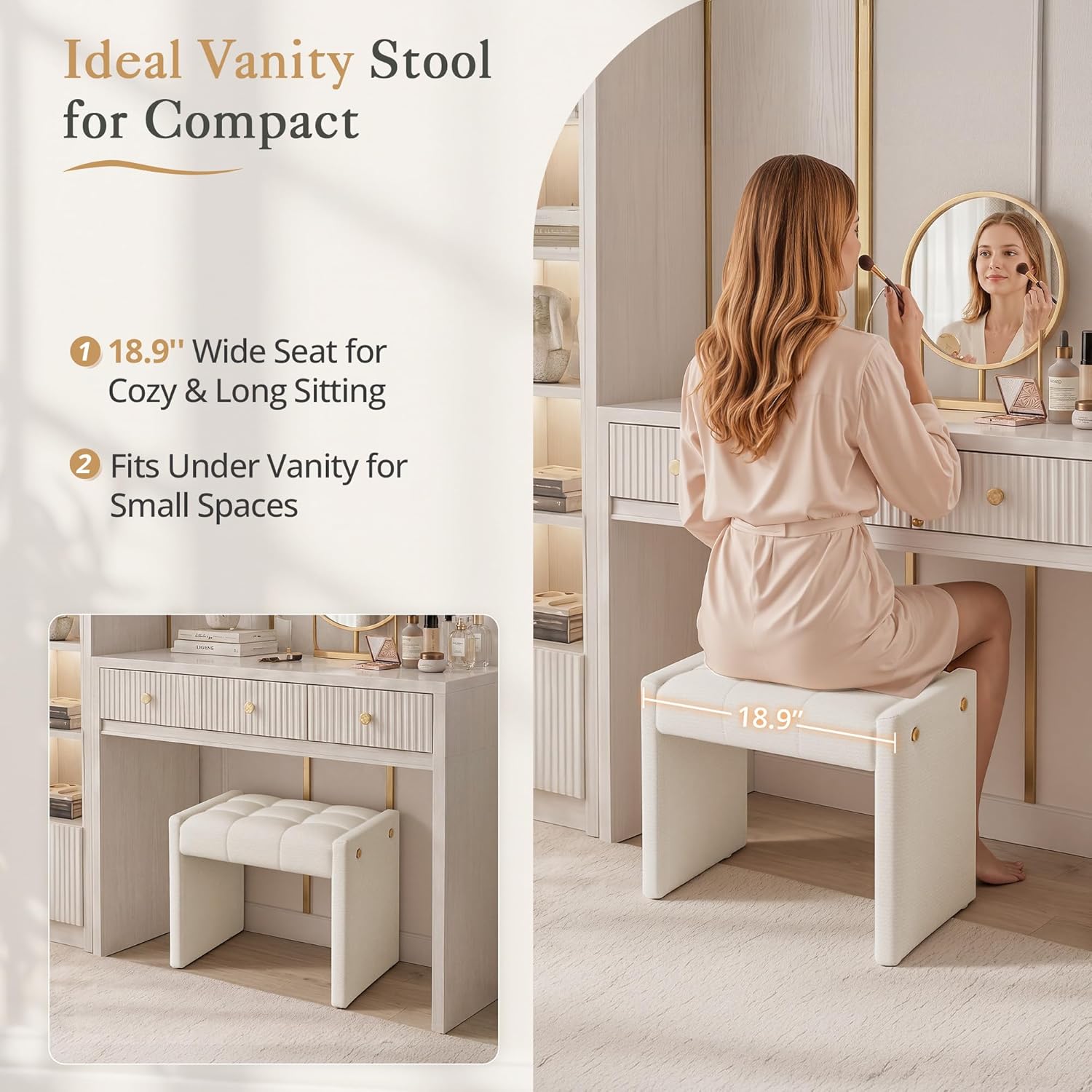 LUE BONA Modern Grid Tufted Vanity Bench Stool, 4.33'' Thick Chenille Upholstered Ottoman Footstool for Makeup Room, Bedroom & Living Room, 200lbs Capacity, White