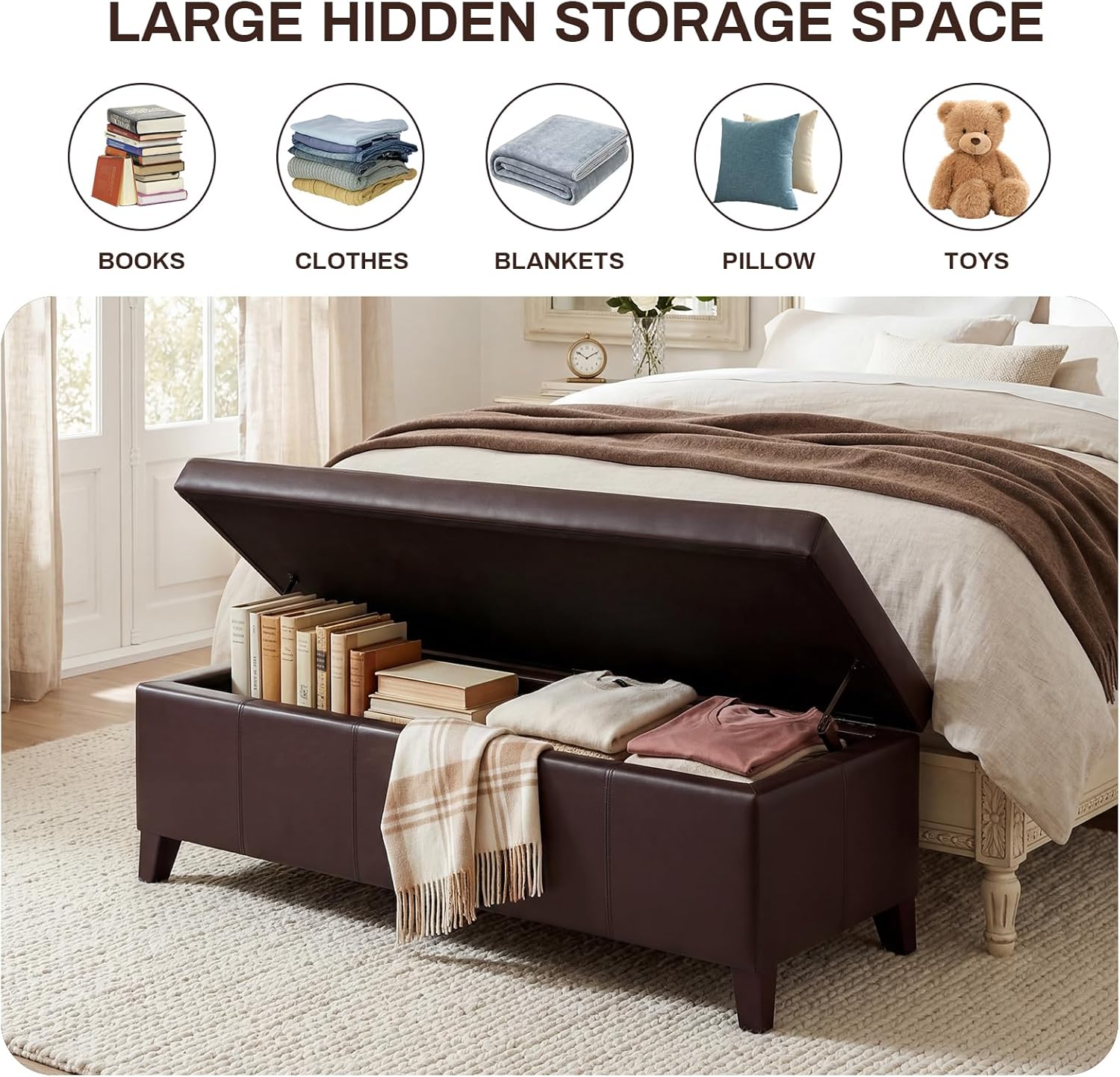 51 Inch Storage Ottoman Bench, Faux Leather Foot Rest with Hinged Lid, Long Rectangle Bed Bench for Living Room, Bedroom, Entryway, Coffee Brown