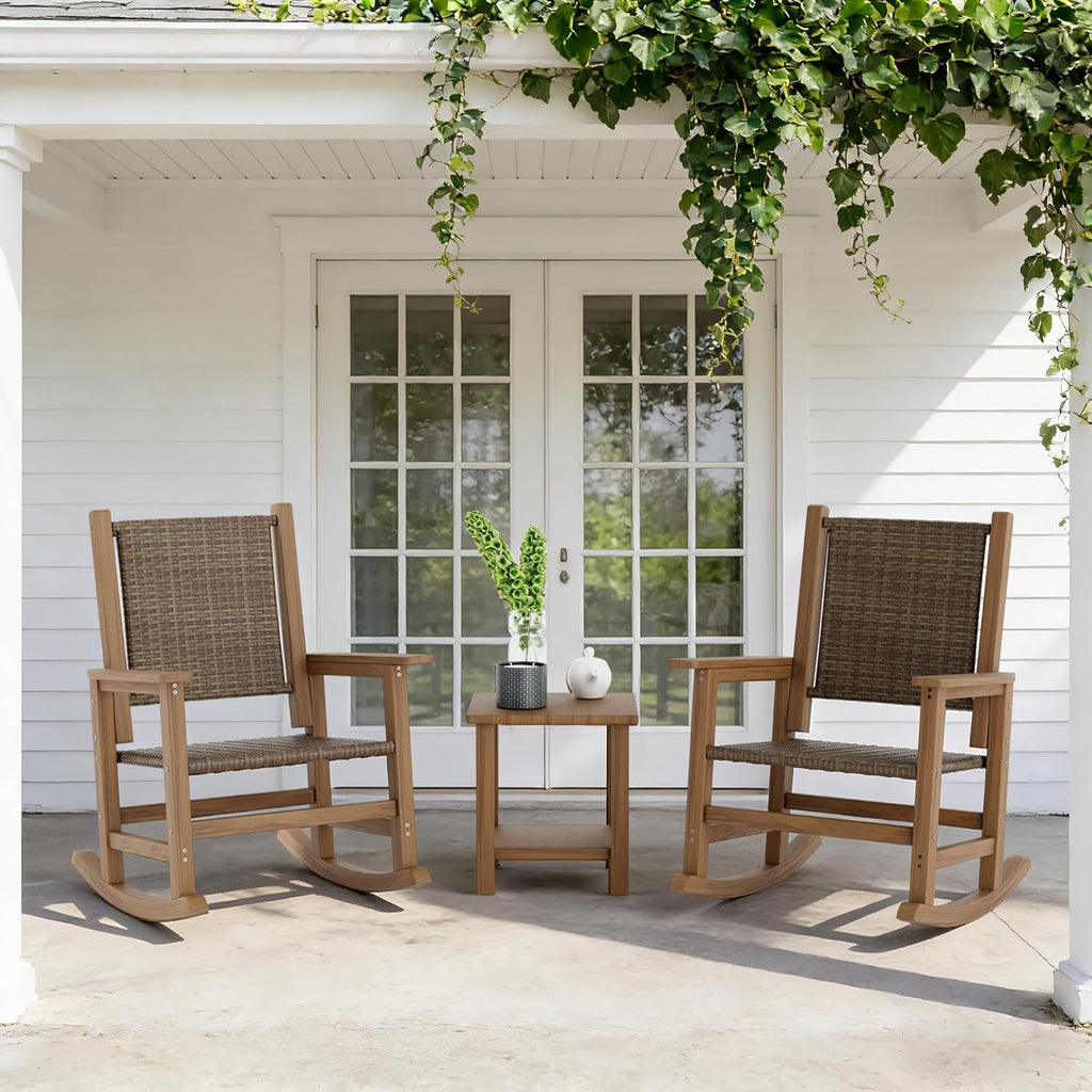 HDPE Rocking Chair Outdoor 1 PCS, Wicker Rocking Chair for Patio, Woven Seat & Back, All Weather Rocking Chair for Front Porch, Garden, Lawn and Balcony (Brown)