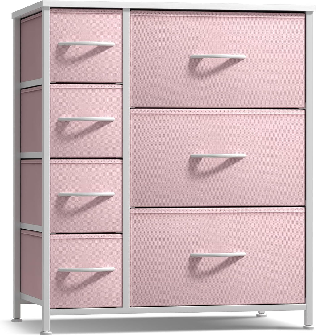 Sorbus Dresser with 7 Drawers - Furniture Storage Chest for Kid’s, Teens, Bedroom, Nursery, Playroom, Clothes, Toys - Steel Frame, Wood Top, Tie-dye Fabric Bins (7-Drawer, Pastel Pink)