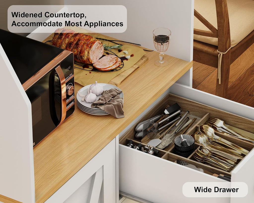 LLappuil 67" Kitchen Pantry with LED Light & Outlet, Kitchen Hutch with 6 Hooks, Drawer, Adjustable Shelves White