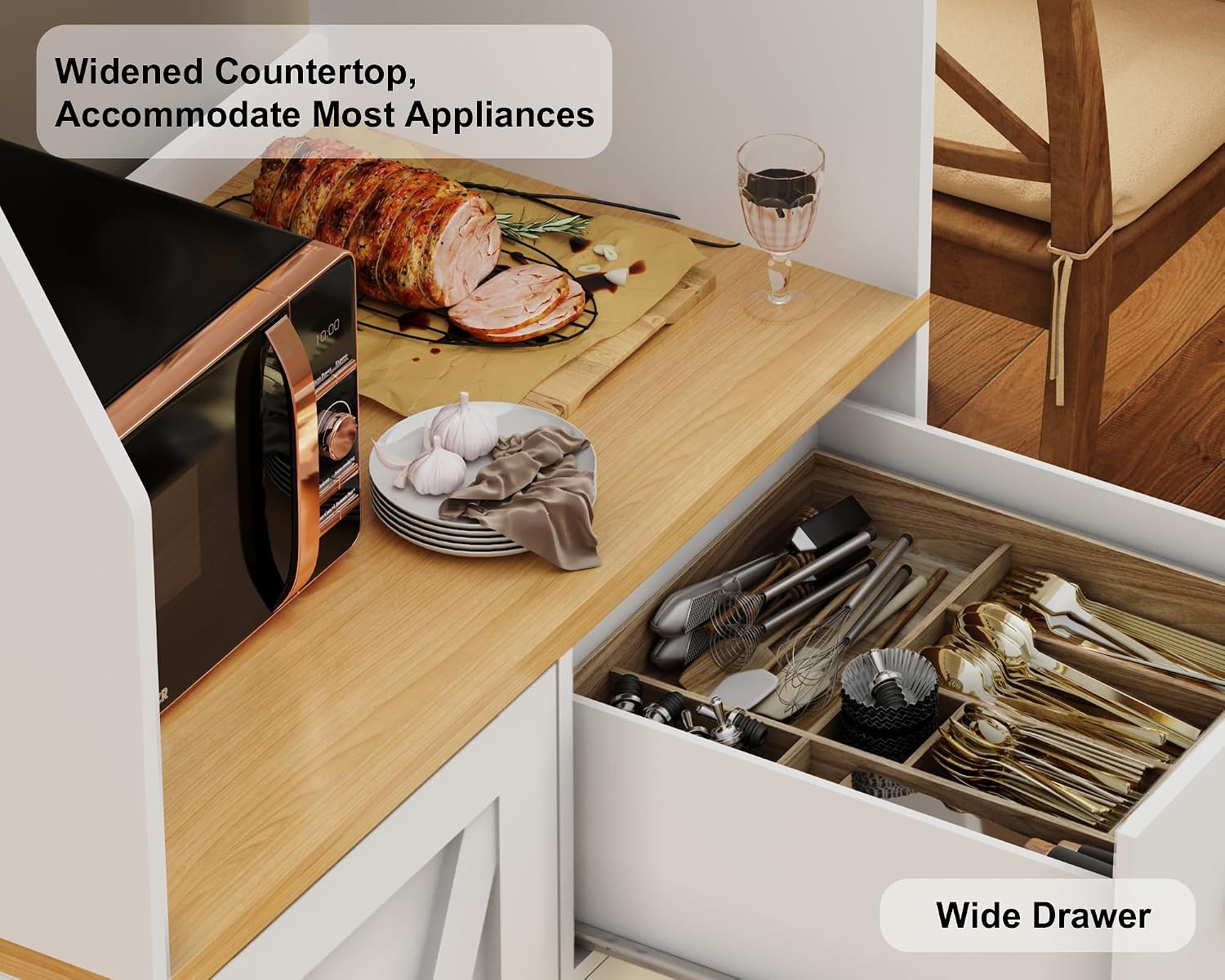 LLappuil 67" Kitchen Pantry with LED Light & Outlet, Kitchen Hutch with 6 Hooks, Drawer, Adjustable Shelves White