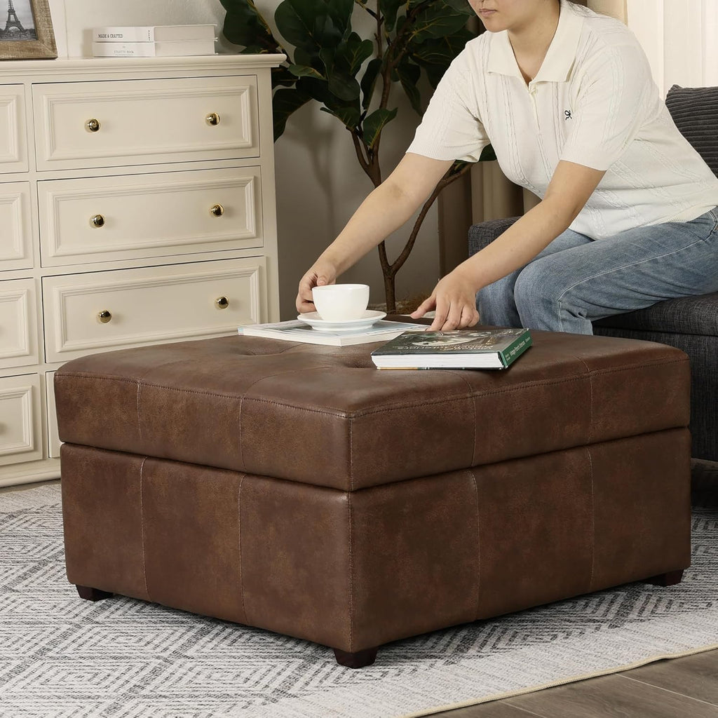 Homebeez 28.3" Storage Ottoman Bench with Faux Leather Upholstery, Button Tufted Lid, Wood Legs - Footrest, Coffee Table, Footstool for Living Room, Mottled Brown