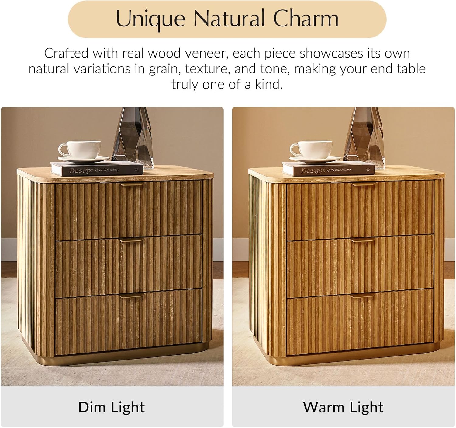 Fluted End Table Set of 2 with 3 Drawers, Solid Wood End Tables with Charging Station, USB Type-C Ports & Metal Base, Modern Beside Tables for Living Room, Natural