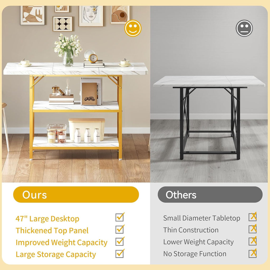 DWVO Dining Room Table 47 Inch Rectangle Dining Table for 4 People Modern Kitchen Table White Marble Dinner Table with Storage Shelf and Glod Metal Legs for Home Apartment White and Gold