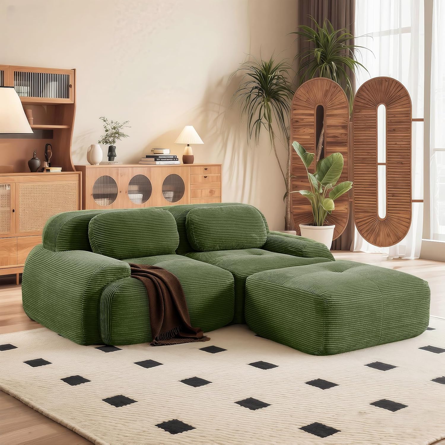 SoarFlash 81” Sectional Cloud Boneless Sofa Couches for Living Room-2 Seater L-Shaped Modern Lounge Couch-No Assembly Modular Corduroy Convertible Sponge Sleeper Sofas with Chaise for Home House,Green