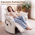 FOXHUNTER Manual Nursery Rocking Chairs Glider Rocking Chair 360°Swivel Rocking Recliner with Phone Holder,Footrest,Oversized Rocker Chair for Living Room, Chenille, White