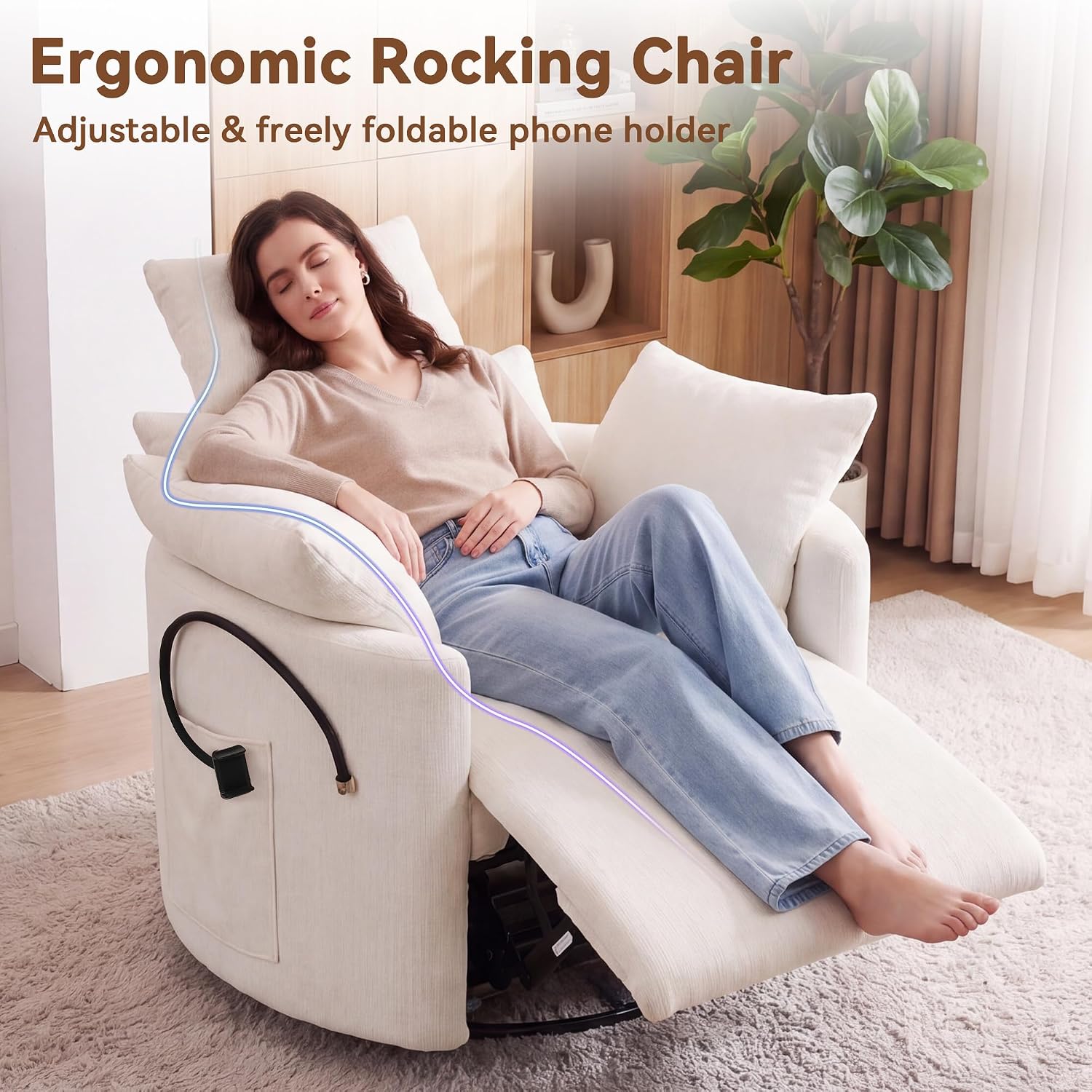 FOXHUNTER Manual Nursery Rocking Chairs Glider Rocking Chair 360°Swivel Rocking Recliner with Phone Holder,Footrest,Oversized Rocker Chair for Living Room, Chenille,White