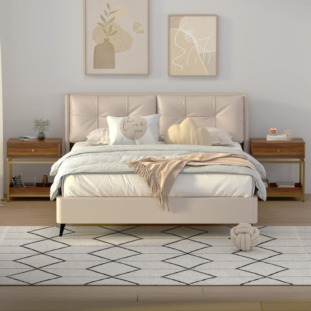 Modern End Table with Drawer and Open Shelf, 2-Tier Nightstand for Living Room,Bedroom or Small Spaces, Sofa Side Table with Metal Frame, Walnut