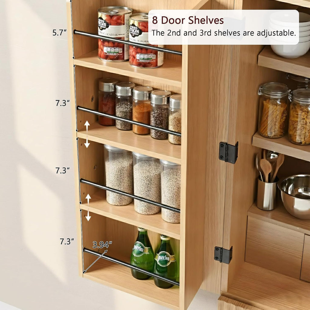 72" Tall Arched Kitchen Pantry, Mid-Century Fluted Wood Storage Cabinet with 4 Doors, 3 Adjustable Shelves, 8 Door Shelves, 1 Hidden Drawers, Versatile Cupboard for Living Room, Dining Room, Natural
