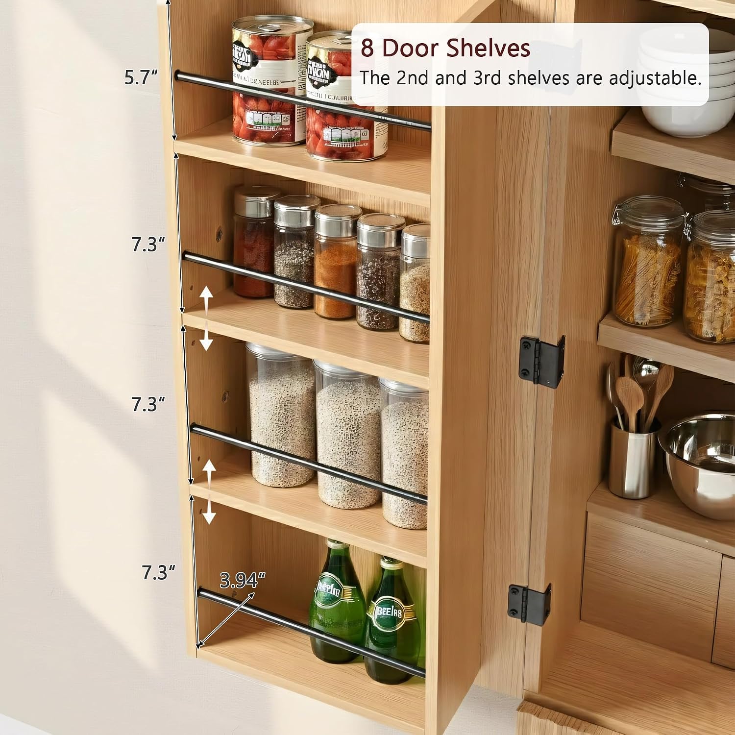 72" Tall Arched Kitchen Pantry, Mid-Century Fluted Wood Storage Cabinet with 4 Doors, 3 Adjustable Shelves, 8 Door Shelves, 1 Hidden Drawers, Versatile Cupboard for Living Room, Dining Room, Natural