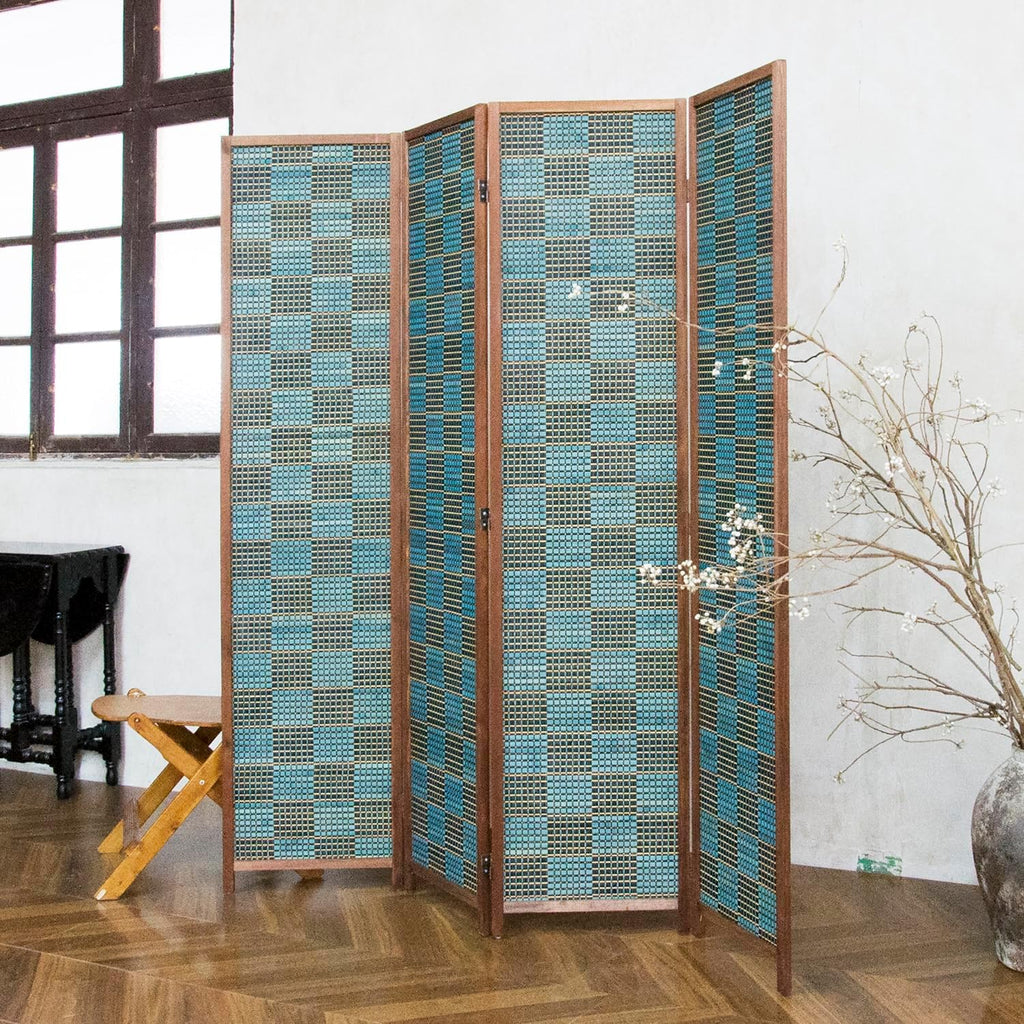 4 Panel Bamboo Room Divider, 5.6 ft Tall Double-Sided Folding Privacy Screen - Freestanding Partition Wall for Home Office, Modern Blue Checker Texture