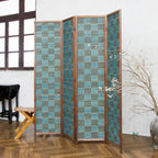 4 Panel Bamboo Room Divider, 5.6 ft Tall Double-Sided Folding Privacy Screen - Freestanding Partition Wall for Home Office, Modern Blue Checker Texture