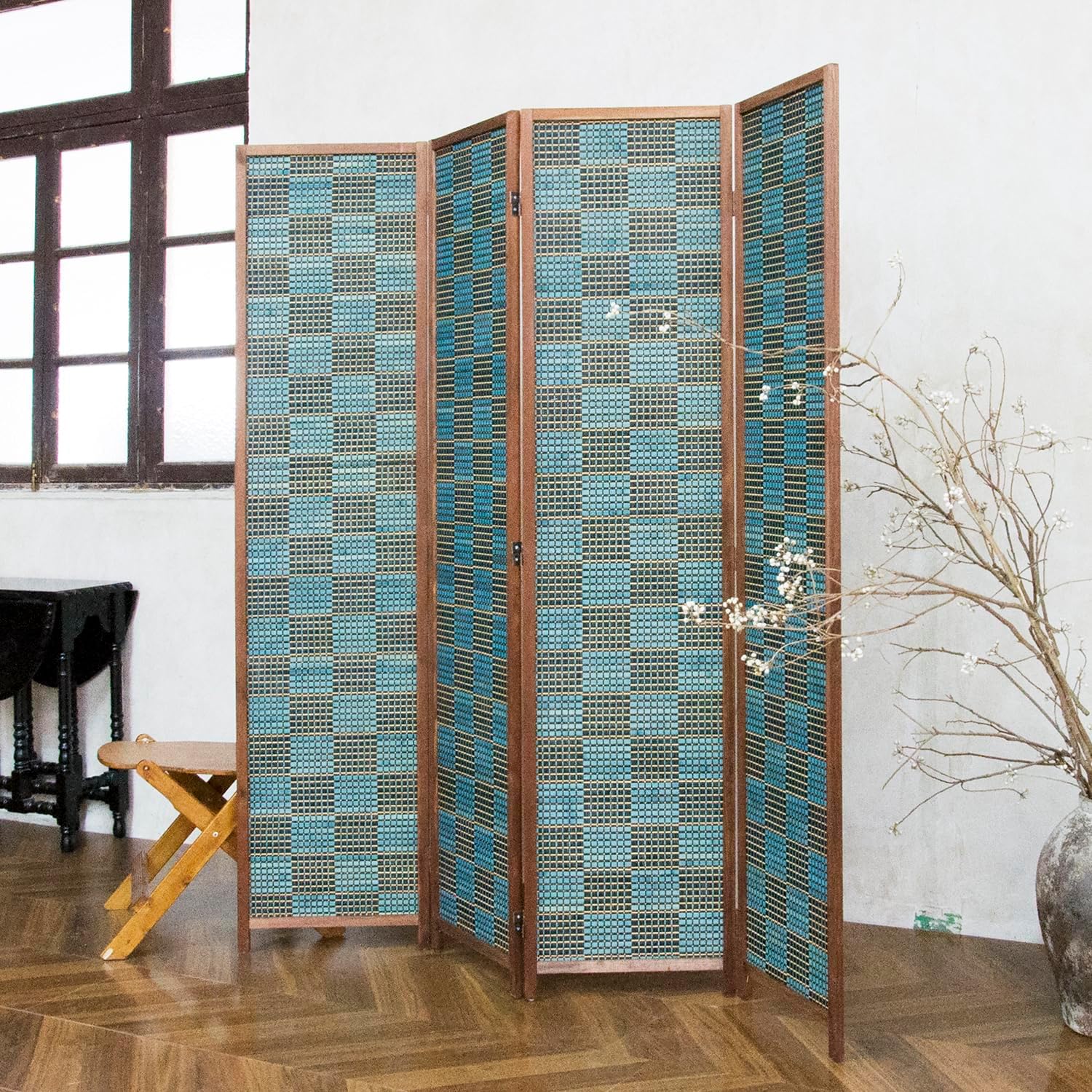 4 Panel Bamboo Room Divider, 5.6 ft Tall Double-Sided Folding Privacy Screen - Freestanding Partition Wall for Home Office, Modern Blue Checker Texture