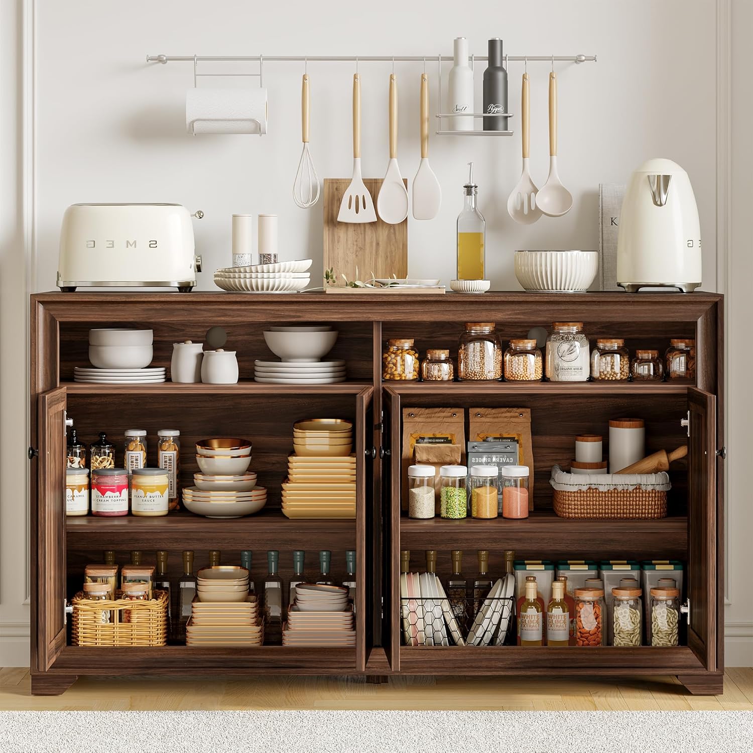 ONBRILL 60 Inches Sideboard Buffet Cabinet with Storage, 4 Doors Large Sideboard, Kitchen Cabinet with Open Shelf & Adjustable Shelf, Kitchen Coffee Bar Console Table for Living Room, Hallway, Brown