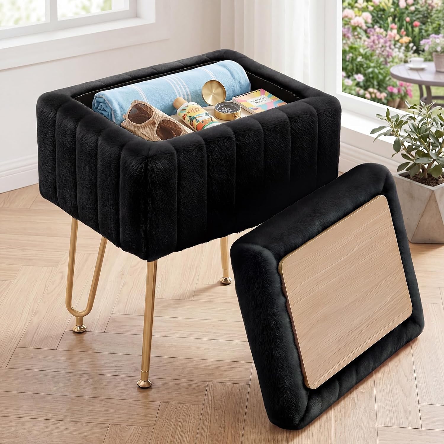 DUMOS Vanity Stool Chair with Storage, Small Ottoman Faux Fur Soft Padded Footstools Seat with 4 Metal Legs Anti-Slip Adjustable Feet Modern Footrest for Home Entryway Bedroom Makeup Black